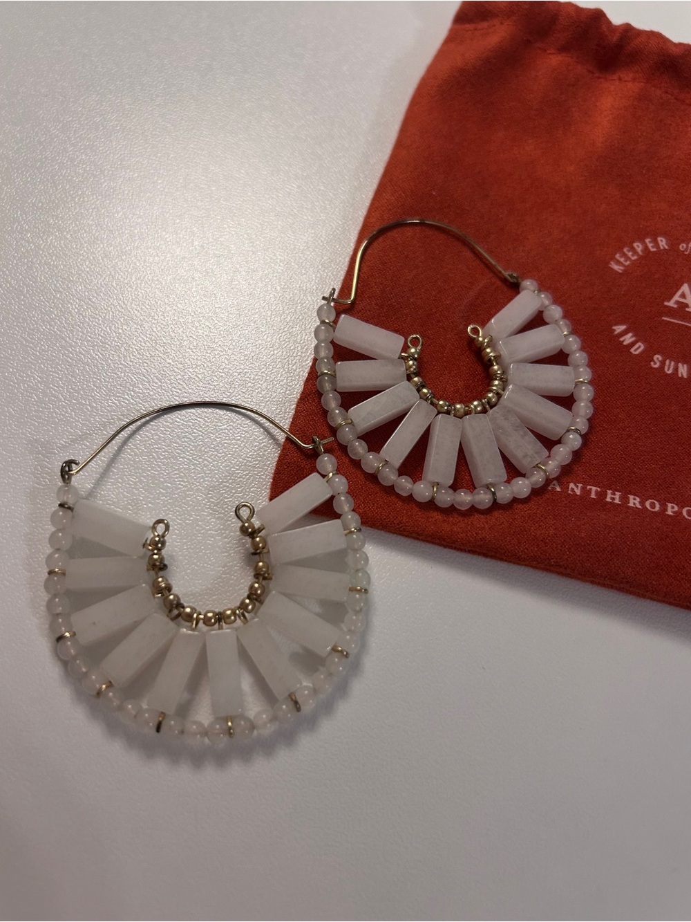 White Fan Bead Hoop Earrings with Gold Accents